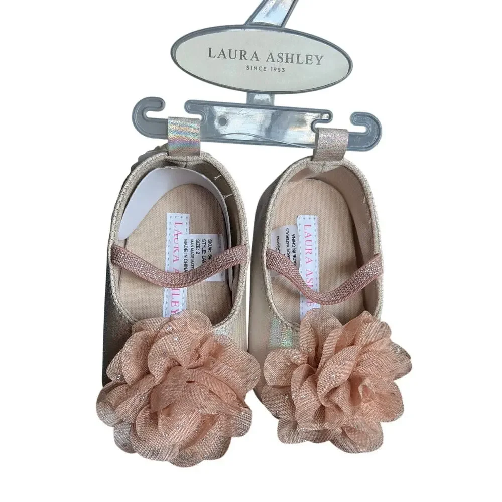 Laura Ashley Baby Girl Gold Ballet Flats Mary Jane Flower Shoes Size 2 NWT